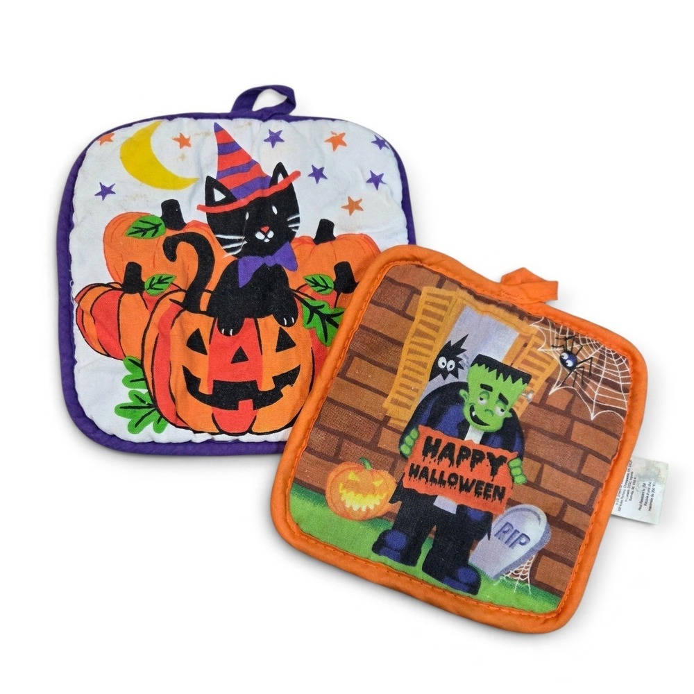 VTG Halloween Cotton Pot Holder Set Black Cat Frankenstein Pumpkins Kitchen 2pc